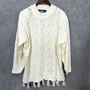 Vintage‎ Sweater Womens Large Ivory Cableknit Fringe Fisherman Boho Western 90s